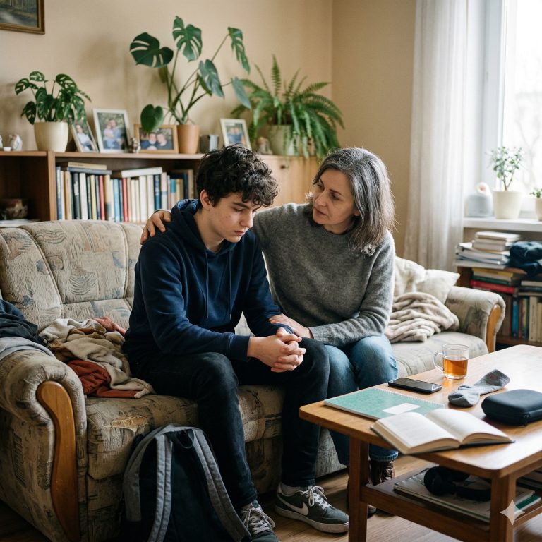 Rodzic rozmawiający z nastolatkiem o odczuwanym lęku
