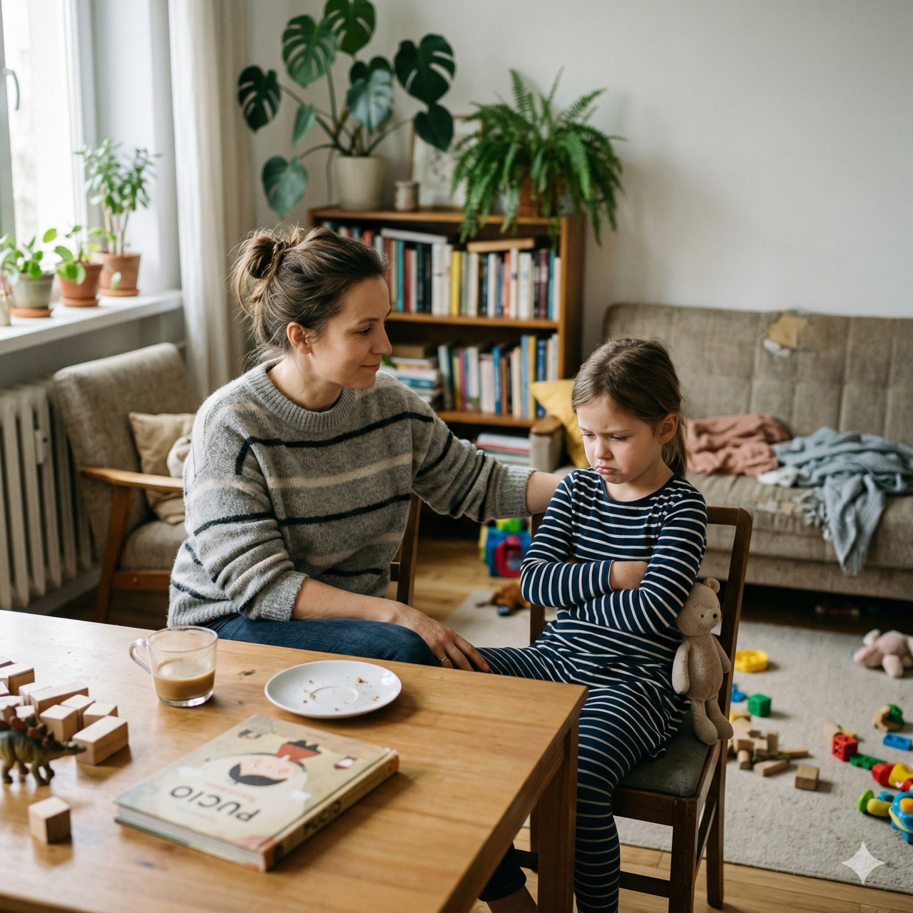 spokojny rodzic uspokajający dziecko na kanapie